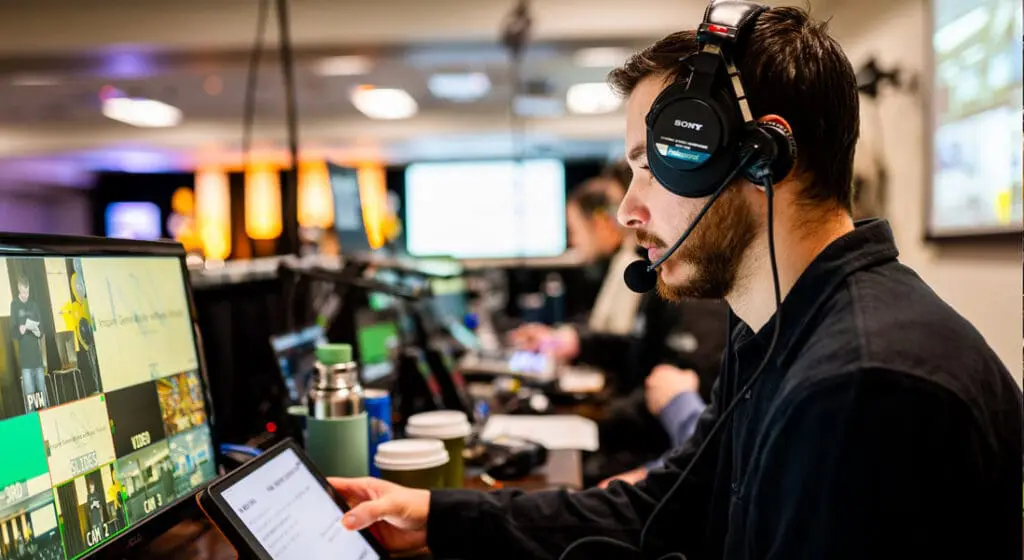 man looking a t computer and tablet with headset on