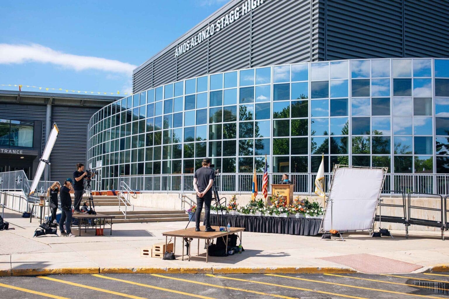 film crew production set of virtual graduation ceremony